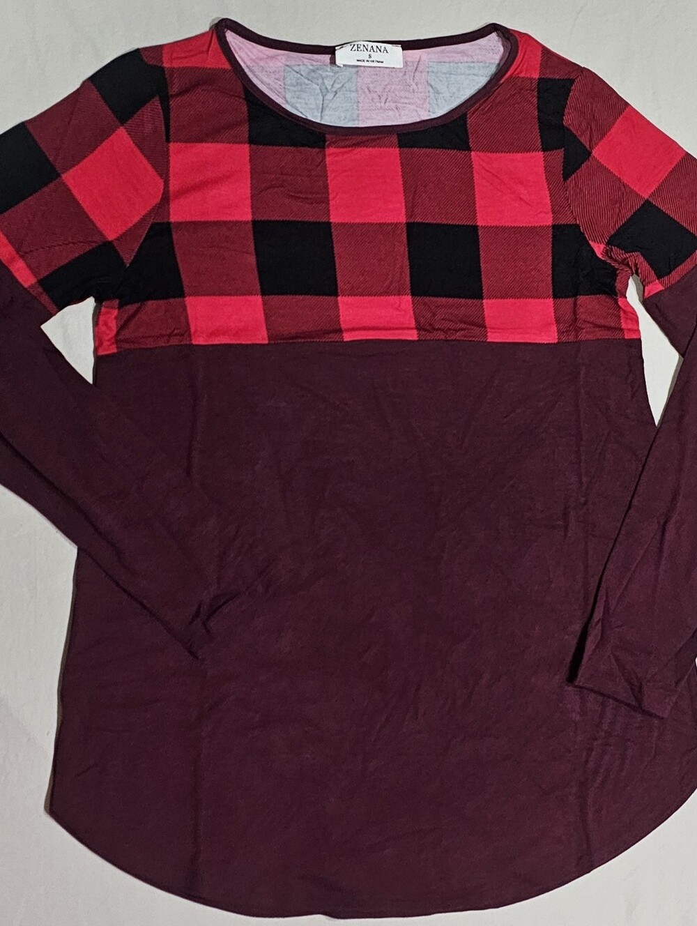 Zenana Checkered Long Sleeve Top in Burgundy & Buffalo Plaid Size Small